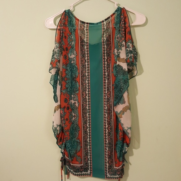 Sheer Patterned Cold-Shoulder Top - Picture 2 of 2